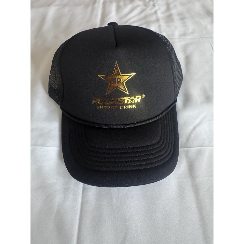 NEW Rockstar Energy Drink Hat Black Gold Foil Print Trucker Snapback Mesh Cap